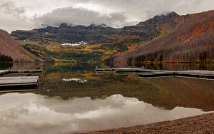 Preview wallpaper lake, pier, mountains, reflection