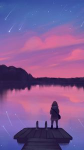Preview wallpaper lake, pier, silhouette, night, loneliness, art