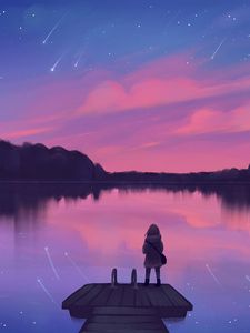 Preview wallpaper lake, pier, silhouette, night, loneliness, art