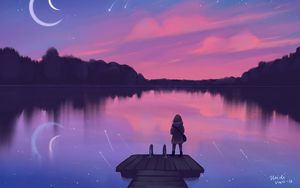 Preview wallpaper lake, pier, silhouette, night, loneliness, art