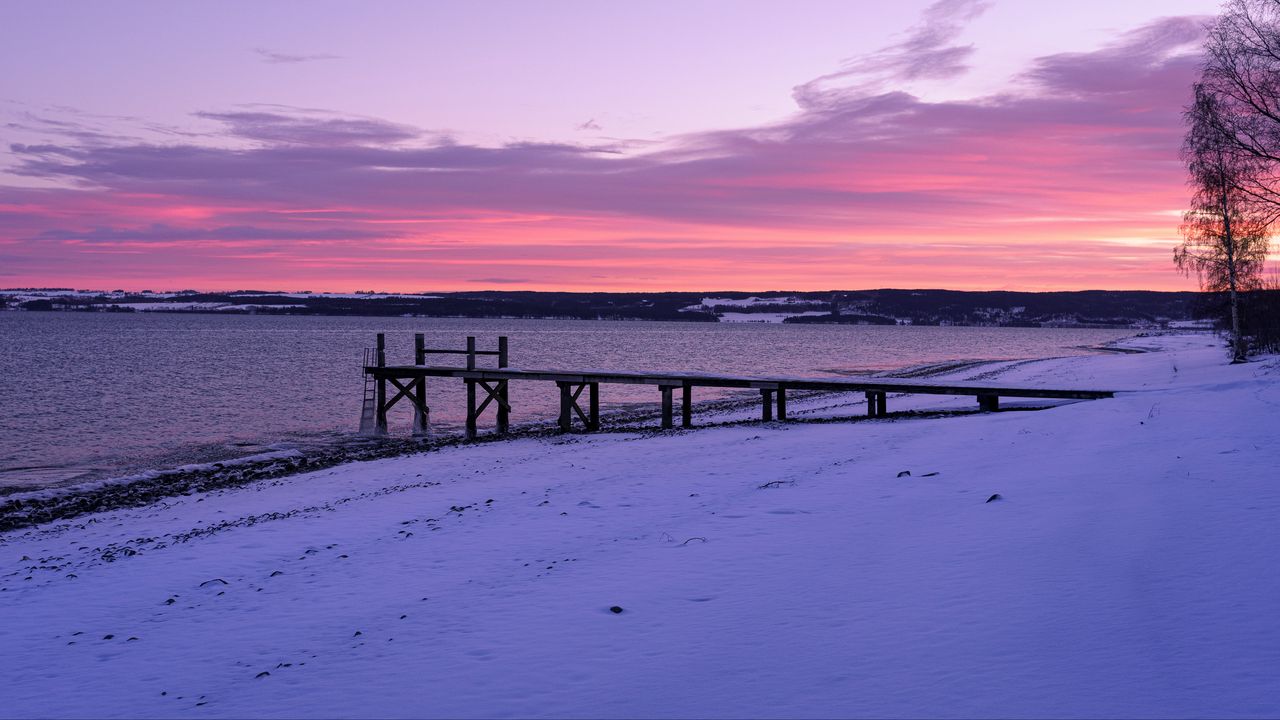 Wallpaper lake, pier, winter, snow, sunset, nature