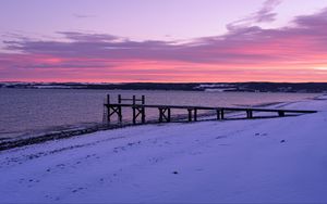 Preview wallpaper lake, pier, winter, snow, sunset, nature