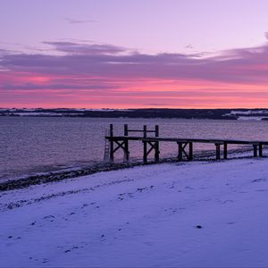 Preview wallpaper lake, pier, winter, snow, sunset, nature