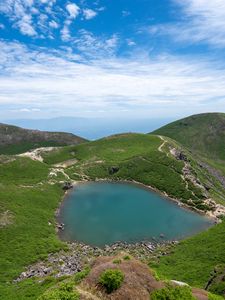 Preview wallpaper lake, plain, hills, grass, landscape