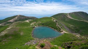 Preview wallpaper lake, plain, hills, grass, landscape