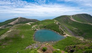 Preview wallpaper lake, plain, hills, grass, landscape