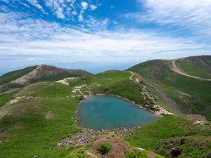 Preview wallpaper lake, plain, hills, grass, landscape