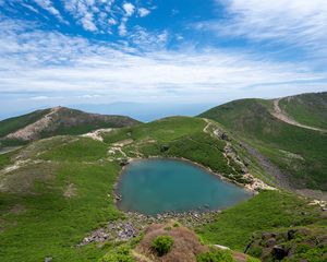 Preview wallpaper lake, plain, hills, grass, landscape