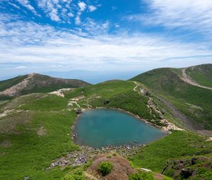 Preview wallpaper lake, plain, hills, grass, landscape