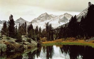 Preview wallpaper lake, pond, mountains, grass, autumn