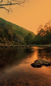 Preview wallpaper lake, pond, stones, trees, twilight, grass, evening