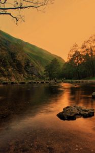 Preview wallpaper lake, pond, stones, trees, twilight, grass, evening