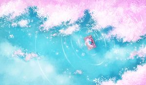 Preview wallpaper lake, raft, silhouette, shore, art