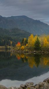 Preview wallpaper lake, reflection, forest, mountain, clouds, nature
