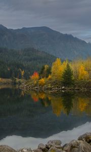 Preview wallpaper lake, reflection, forest, mountain, clouds, nature