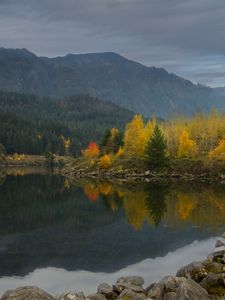 Preview wallpaper lake, reflection, forest, mountain, clouds, nature