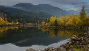 Preview wallpaper lake, reflection, forest, mountain, clouds, nature