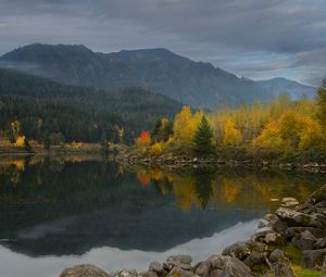 Preview wallpaper lake, reflection, forest, mountain, clouds, nature