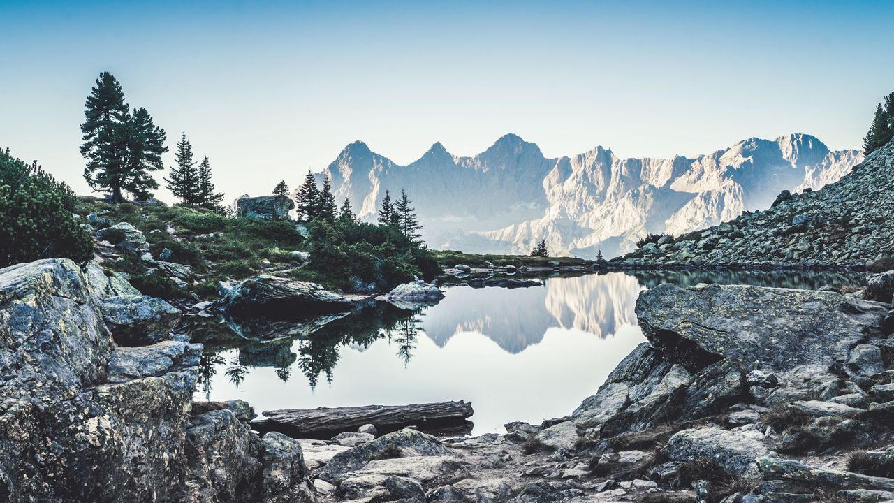 Wallpaper lake, reflection, mountains, stones, nature