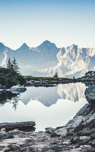 Preview wallpaper lake, reflection, mountains, stones, nature