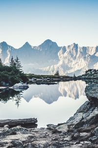 Preview wallpaper lake, reflection, mountains, stones, nature