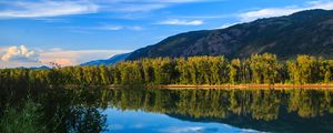 Preview wallpaper lake, reflection, mountains, trees, landscape, nature