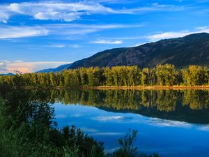 Preview wallpaper lake, reflection, mountains, trees, landscape, nature