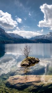 Preview wallpaper lake, reflection, stones, tree, mountains, nature