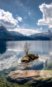 Preview wallpaper lake, reflection, stones, tree, mountains, nature