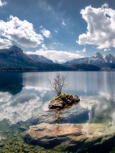 Preview wallpaper lake, reflection, stones, tree, mountains, nature