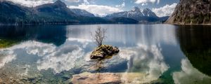 Preview wallpaper lake, reflection, stones, tree, mountains, nature
