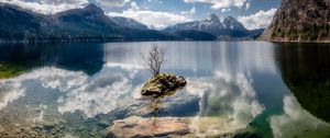 Preview wallpaper lake, reflection, stones, tree, mountains, nature