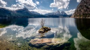 Preview wallpaper lake, reflection, stones, tree, mountains, nature