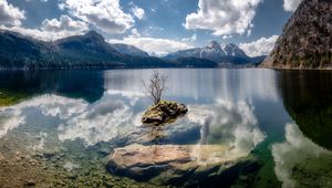 Preview wallpaper lake, reflection, stones, tree, mountains, nature