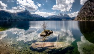 Preview wallpaper lake, reflection, stones, tree, mountains, nature