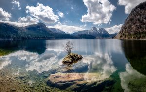 Preview wallpaper lake, reflection, stones, tree, mountains, nature