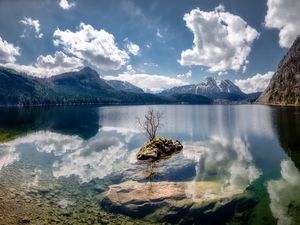 Preview wallpaper lake, reflection, stones, tree, mountains, nature