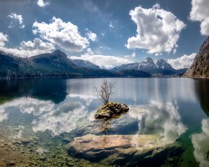 Preview wallpaper lake, reflection, stones, tree, mountains, nature