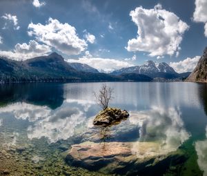 Preview wallpaper lake, reflection, stones, tree, mountains, nature