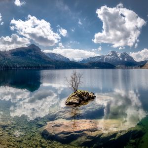 Preview wallpaper lake, reflection, stones, tree, mountains, nature