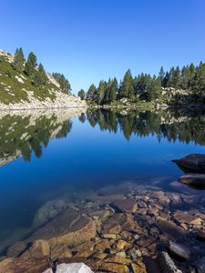 Preview wallpaper lake, reflection, stones, trees, landscape