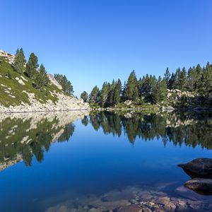 Preview wallpaper lake, reflection, stones, trees, landscape