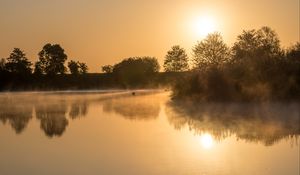 Preview wallpaper lake, reflection, trees, fog