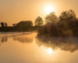 Preview wallpaper lake, reflection, trees, fog
