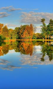 Preview wallpaper lake, reflection, trees, autumn, colors, coast, house