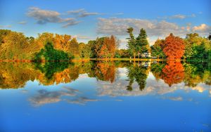 Preview wallpaper lake, reflection, trees, autumn, colors, coast, house