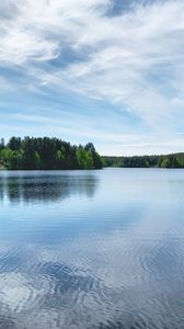 Preview wallpaper lake, ripples, trees, forest, sky, clouds, nature