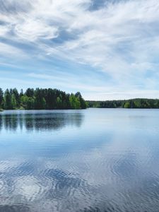 Preview wallpaper lake, ripples, trees, forest, sky, clouds, nature