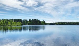 Preview wallpaper lake, ripples, trees, forest, sky, clouds, nature