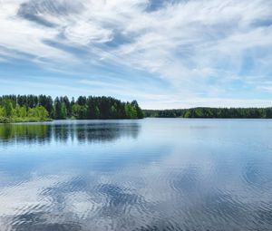 Preview wallpaper lake, ripples, trees, forest, sky, clouds, nature